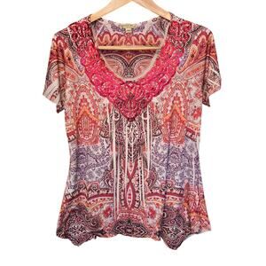 Energe World Wear Top Womens Size Large Multicolor Paisley Lace Rhinestone Boho